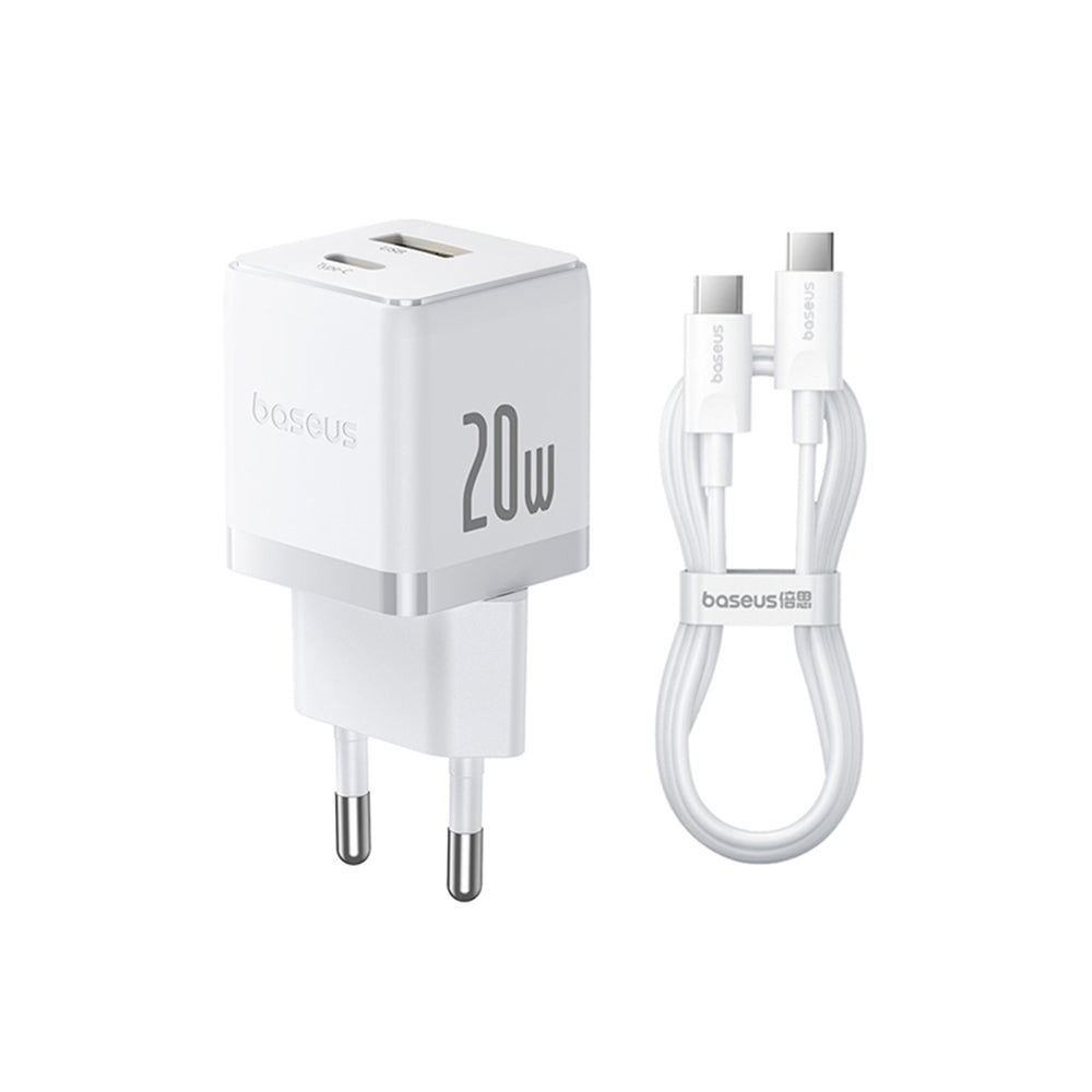 Зарядно за мрежа с USB-C кабел Baseus Palm, 20W, 3A, 1 x USB-A - 1 x USB-C, Бяло P10111608213-01
