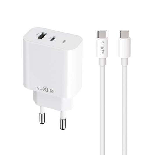 Зарядно устройство за мрежа с кабел USB-C MaXlife MXTC-06-20AC, 20W, 3A, 1 x USB-A - 1 x USB-C, Бяло