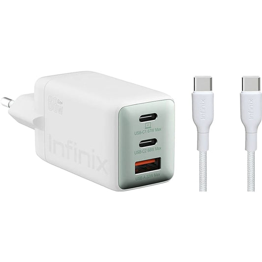 Мрежово зарядно устройство с USB-C кабел Infinix XC07868EU + XDC95, 68W, 6.2A, 1 x USB-A - 2 x USB-C, Бяло