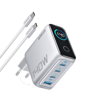 Зарядно устройство за мрежа с кабел USB-C Anker Zolo, 140W, 5A, 1 x USB-A - 3 x USB-C, Сребристо B2697G41