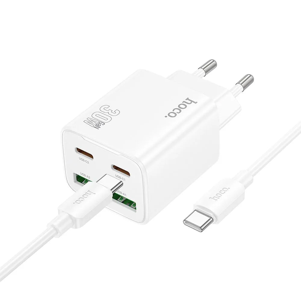 Мрежов зарядно с USB-C кабел HOCO N56, 30W, 3A, 2 x USB-A - 2 x USB-C, Бяло