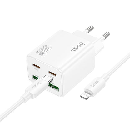Зарядно за мрежа с кабел Lightning HOCO N56, 30W, 3A, 2 x USB-A - 2 x USB-C, Бяло