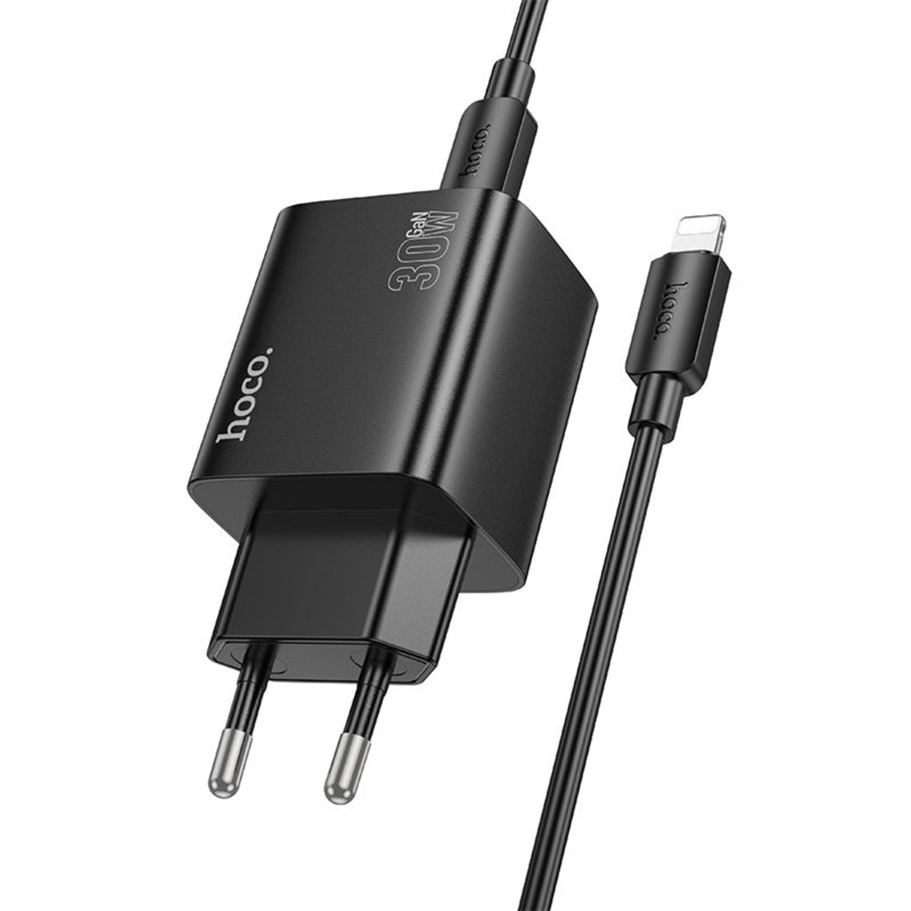 Мрежово зарядно устройство с кабел Lightning HOCO N56, 30W, 3A, 2 x USB-A - 2 x USB-C, Черно