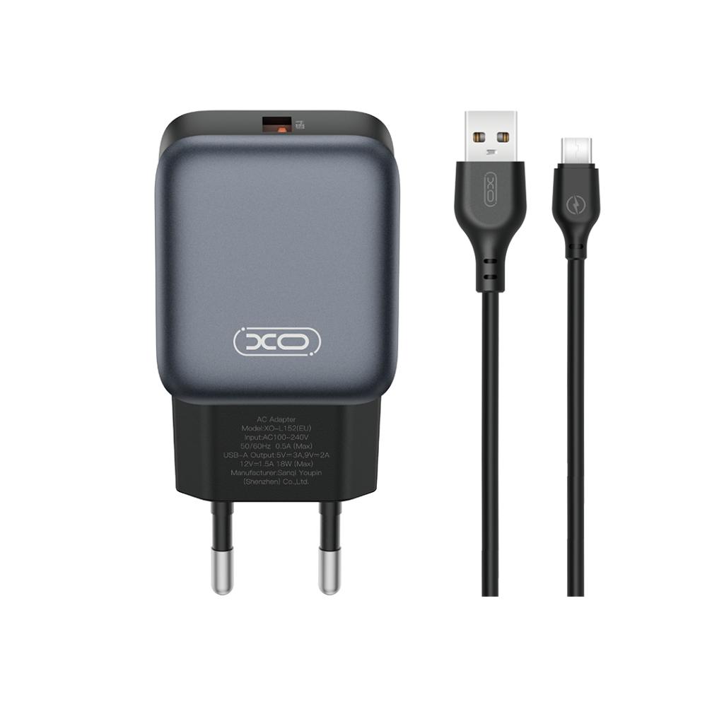 Мрежово зарядно устройство с USB-C кабел XO Design L152, 18W, 3A, 1 x USB-A, Черно