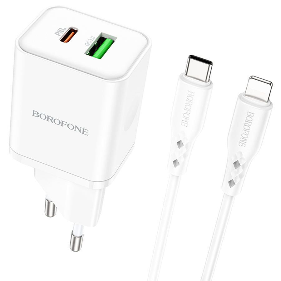 Зарядно устройство за мрежа с кабел Lightning Borofone BN7, 20W, 3A, 1 x USB-A - 1 x USB-C, Бяло
