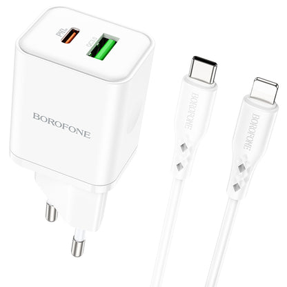 Зарядно устройство за мрежа с кабел Lightning Borofone BN7, 20W, 3A, 1 x USB-A - 1 x USB-C, Бяло