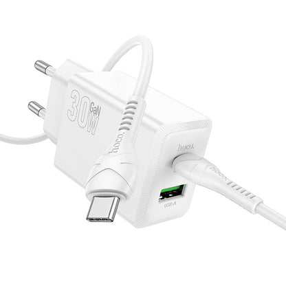 Зарядно за мрежа с кабел USB-C HOCO N71, 30W, 3A, 1 x USB-A - 1 x USB-C, Бяло