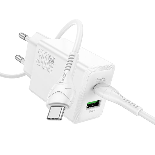 Зарядно за мрежа с кабел USB-C HOCO N71, 30W, 3A, 1 x USB-A - 1 x USB-C, Бяло