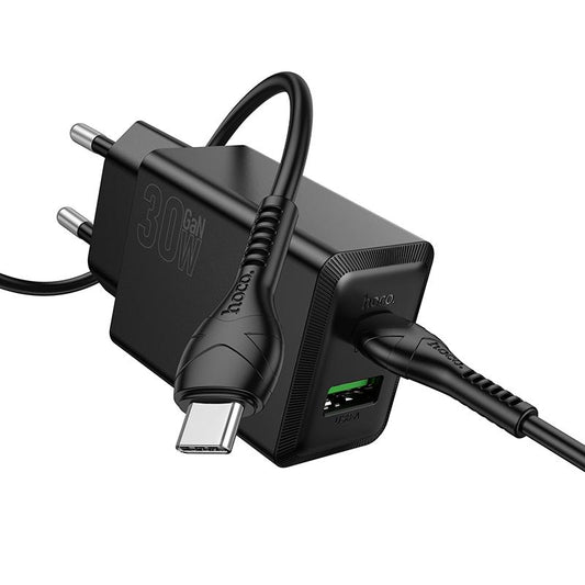 Зарядно за мрежа с кабел USB-C HOCO N71, 30W, 3A, 1 x USB-A - 1 x USB-C, Черно