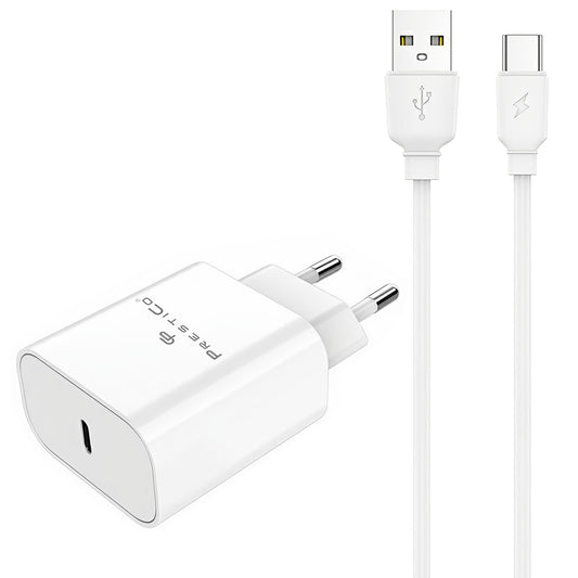 Зарядно за мрежа с USB-C кабел Prestico F15S-C, 30W, 3A, 1 x USB-C, Бяло