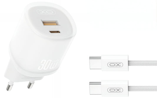 Зарядно за мрежа с кабел USB-C XO Design L151, 30W, 3A, 1 x USB-A - 1 x USB-C, Бяло