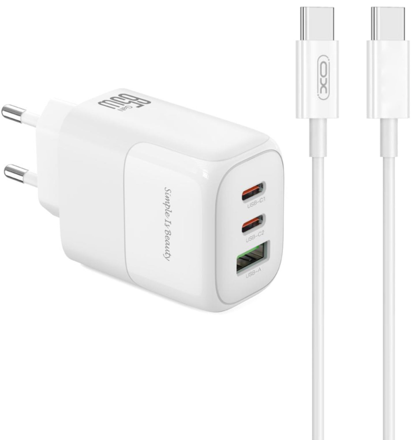 Зарядно устройство за мрежа с кабел USB-C XO Design L139, 65W, 4.5A, 1 x USB-A - 2 x USB-C, Бяло