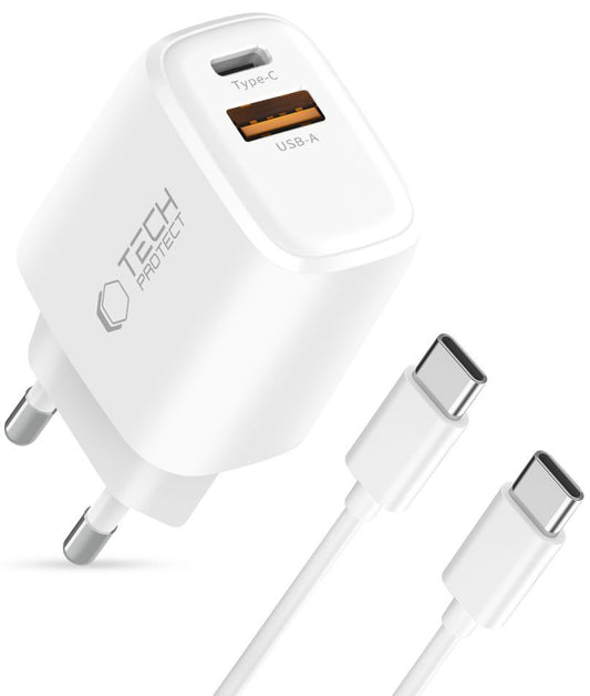 Мрежово зарядно устройство с USB-C кабел Tech-Protect NCA45W, 45W, 3A, 1 x USB-A - 1 x USB-C, Бяло
