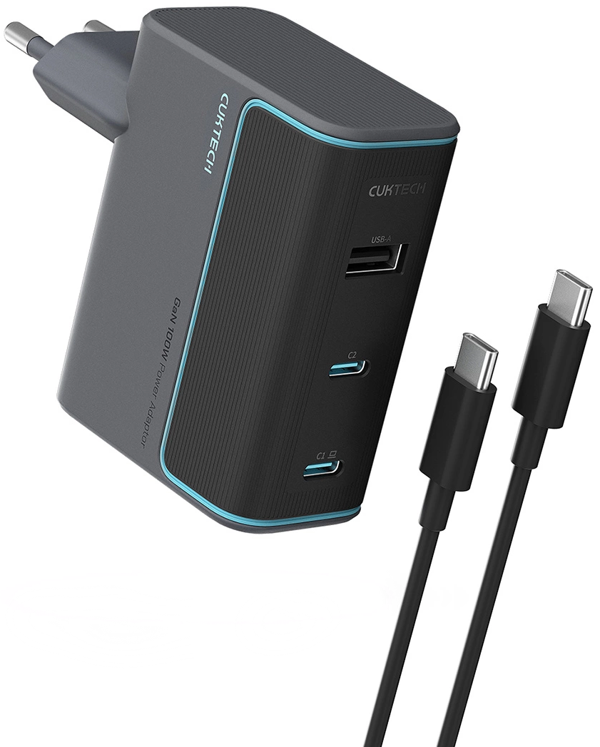 Мрежов заряден уред с USB-C кабел Cuktech, 100W, 5A, 1 x USB-A - 2 x USB-C, Сив CUKAD1003EUG