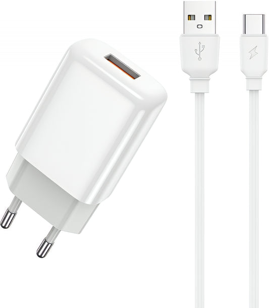 Мрежов заряден уред с USB-C кабел Prestico F9S, 12W, 2.4A, 1 x USB-A, Бял