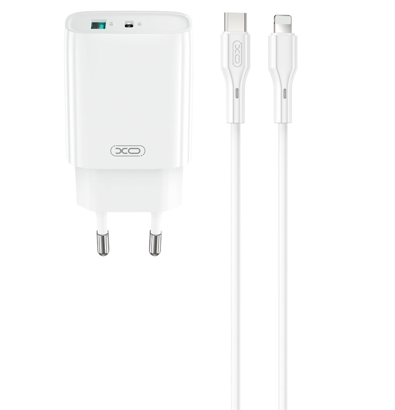 Зарядно устройство за мрежа с кабел Lightning XO Design CE30, 30W, 3A, 1 x USB-A - 1 x USB-C, Бяло