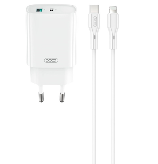 Зарядно устройство за мрежа с кабел Lightning XO Design CE30, 30W, 3A, 1 x USB-A - 1 x USB-C, Бяло