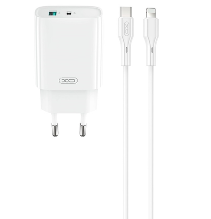 Зарядно устройство за мрежа с кабел Lightning XO Design CE30, 30W, 3A, 1 x USB-A - 1 x USB-C, Бяло