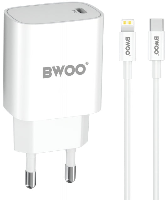 Мрежов заряден уред с Lightning кабел BWOO CDA159, 20W, 3A, 1 x USB-C, Бял