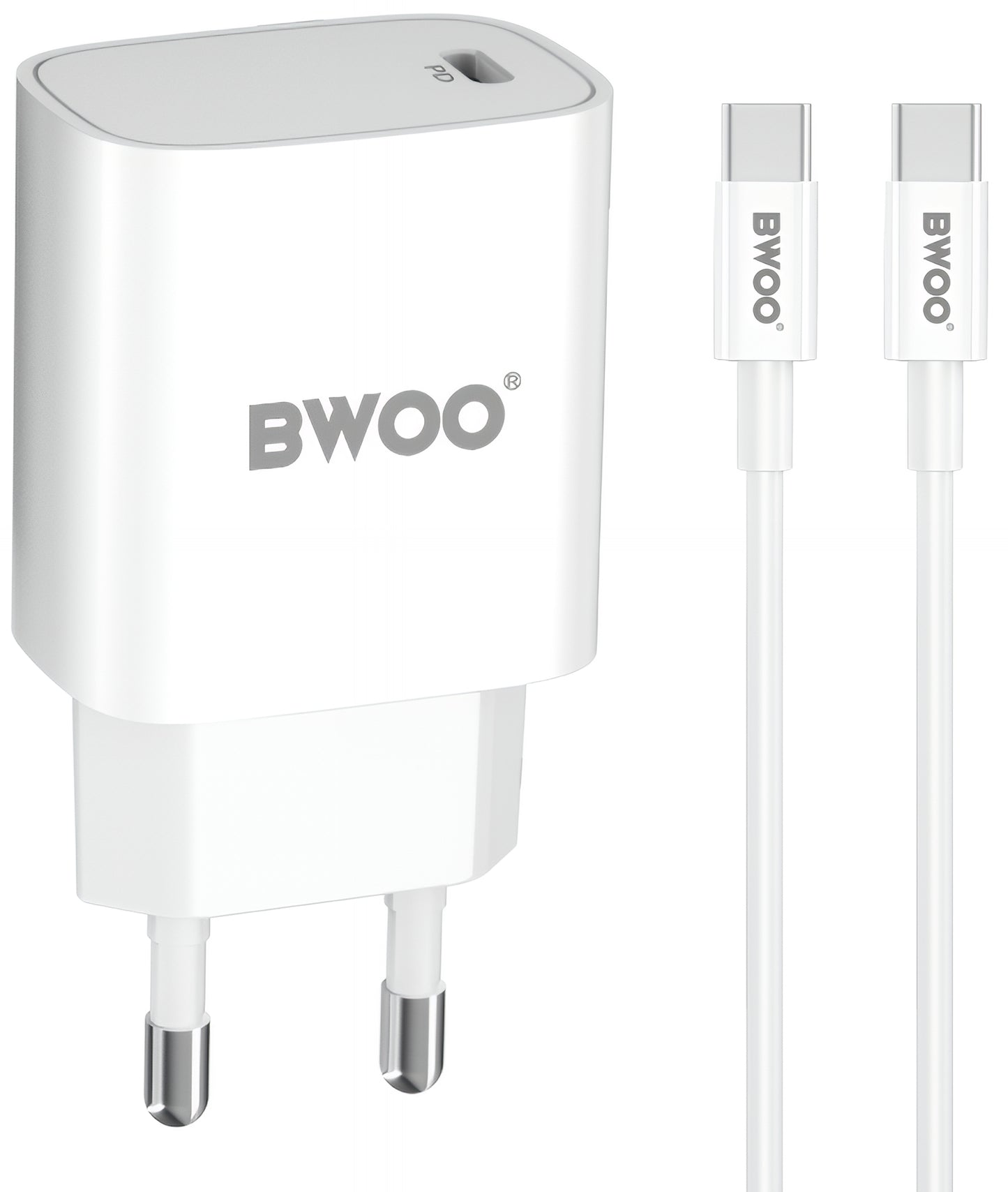 Мрежов заряден уред с USB-C кабел BWOO CDA159, 20W, 3A, 1 x USB-C, Бял