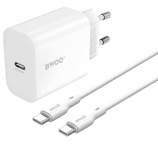 Мрежов зарядно с USB-C кабел BWOO CDA233, 20W, 3A, 1 x USB-C, Бяло