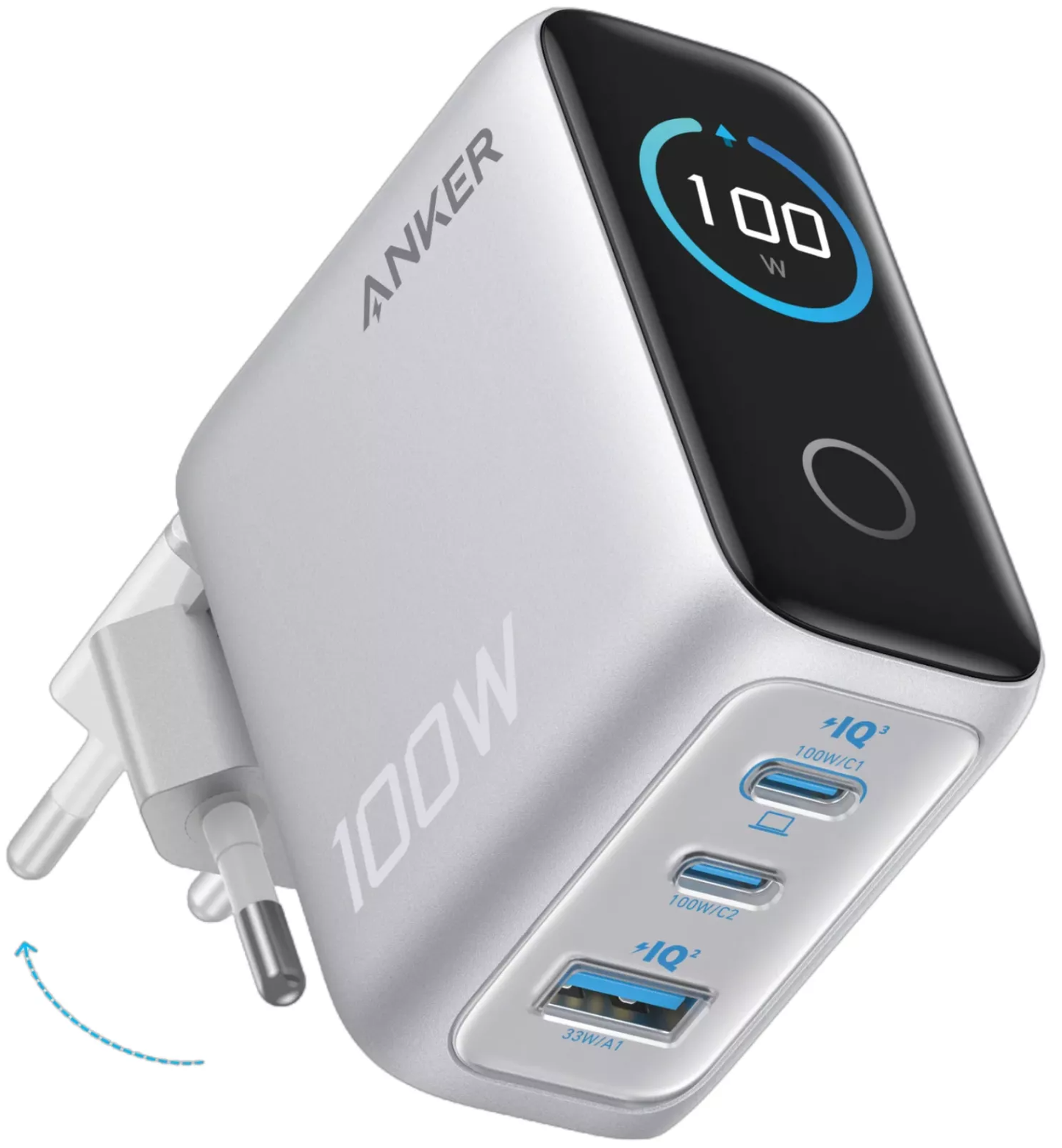 Зарядно устройство за мрежа с кабел USB-C Anker Smart Display, 100W, 5A, 1 x USB-A - 2 x USB-C, Сребристо B121BG41