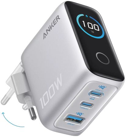 Зарядно устройство за мрежа с кабел USB-C Anker Smart Display, 100W, 5A, 1 x USB-A - 2 x USB-C, Сребристо B121BG41