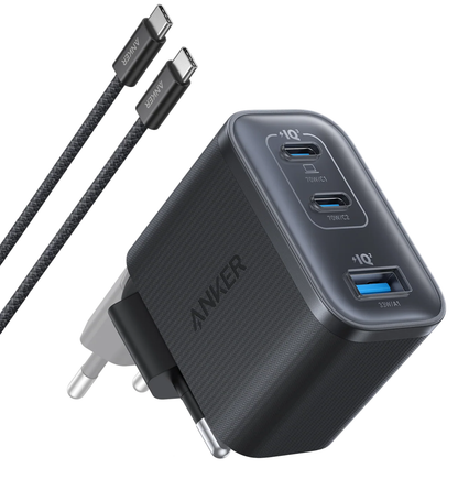 Зарядно за мрежа с USB-C кабел Anker Nano, 70W, 3.5A, 1 x USB-A - 2 x USB-C, Сиво B121A311