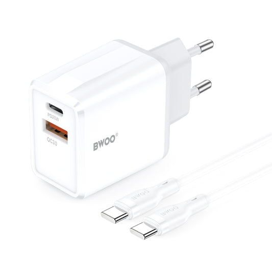 Мрежово зарядно устройство с USB-C кабел BWOO CDA182, 38W, 3A, 1 x USB-A - 1 x USB-C, Бяло