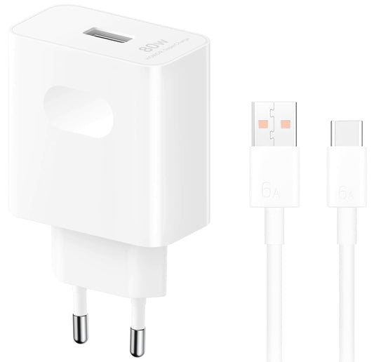 Зарядно устройство с мрежов кабел USB-C Honor, 80W, 1 x USB-A, бяло