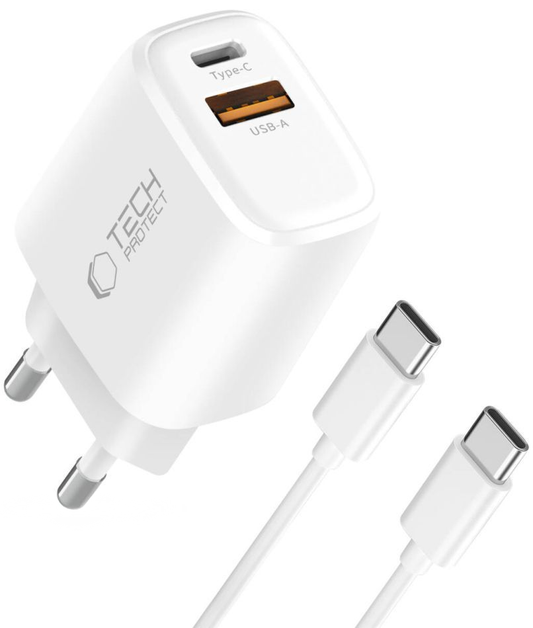 Зарядно устройство с мрежов кабел USB-C Tech-Protect NCA20, 20W, 3A, 1 x USB-A - 1 x USB-C, бяло