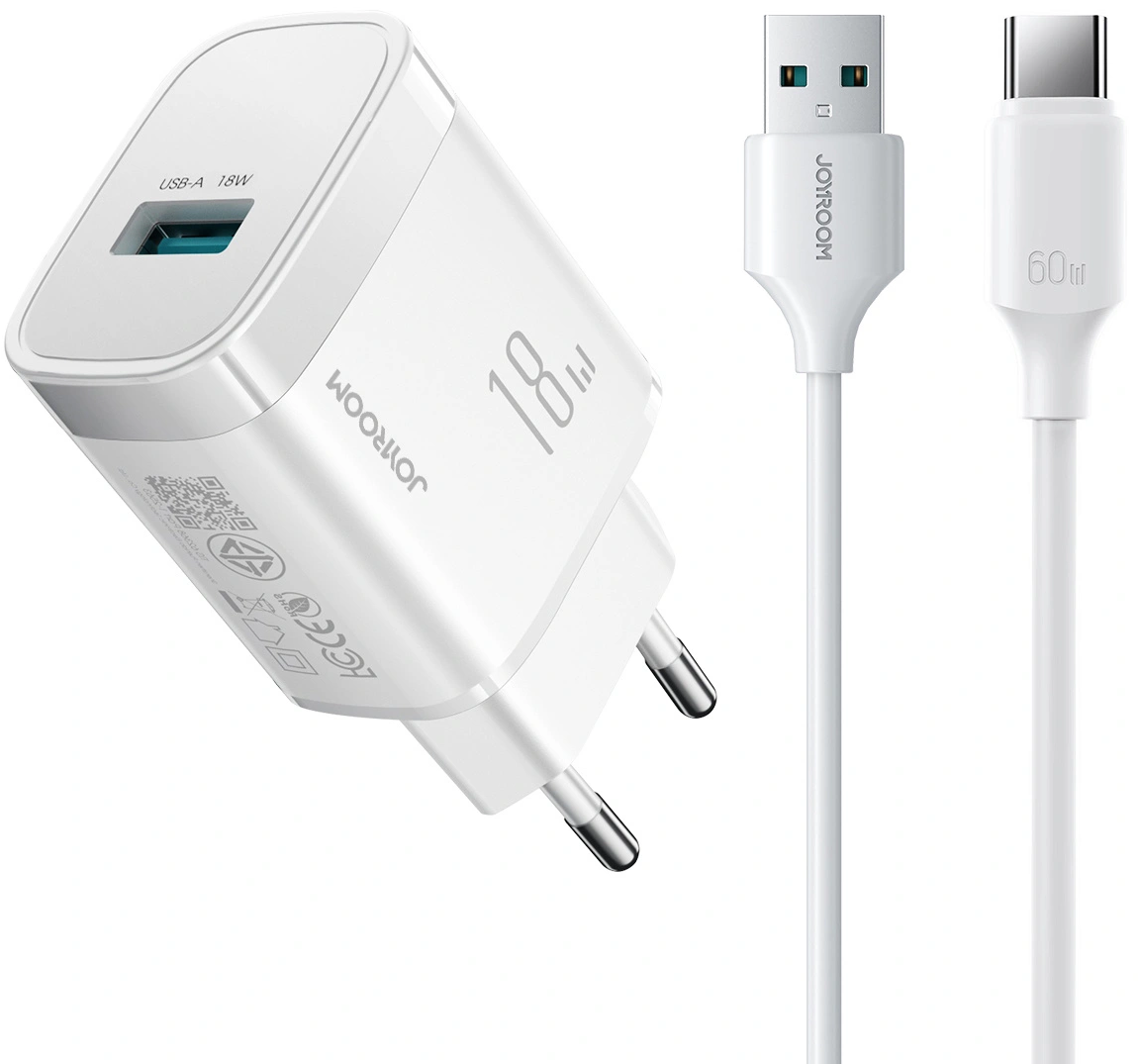 Зарядно устройство с USB-C кабел Joyroom JR-TF4, 18W, 3A, 1 x USB-A, бяло