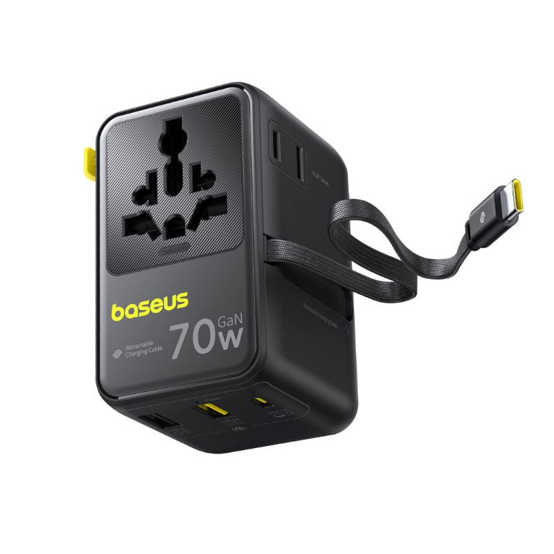 Мрежово зарядно с USB-C кабел Baseus Travel EnerCore CG11, 70W, 2 x контакт - 1 x USB-C - 2 x USB-A, черно E0307E00
