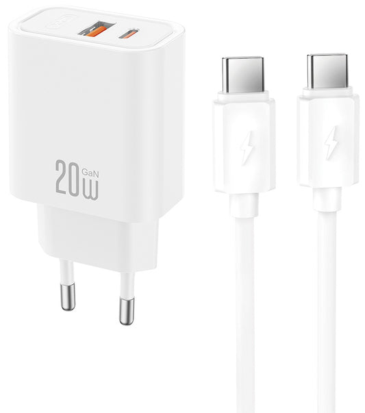 Зарядно устройство с мрежов кабел USB-C XO Design CE40, 20W, 3A, 1 x USB-A - 1 x USB-C, бяло
