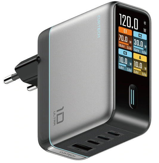 Зарядно устройство с мрежов кабел USB-C Cuktech AD1204U дисплей, 120W, 6A, 1 x USB-A - 2 x USB-C, сребристо