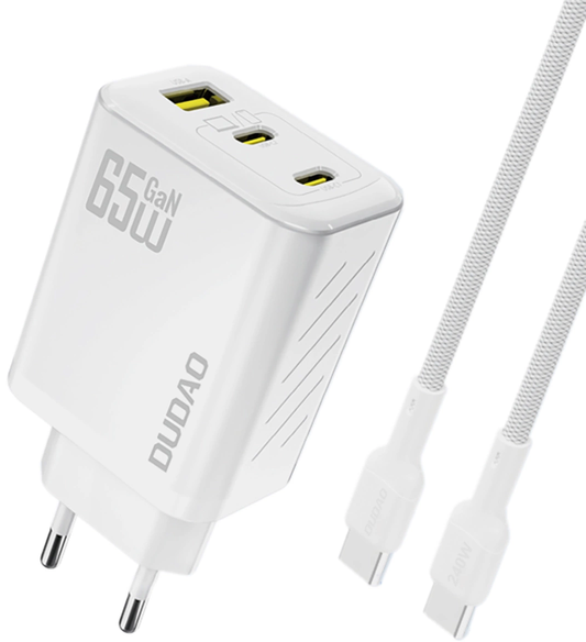 Зарядно устройство с мрежов кабел USB-C Dudao A29C, 65W, 3.25A, 1 x USB-A - 2 x USB-C, бяло