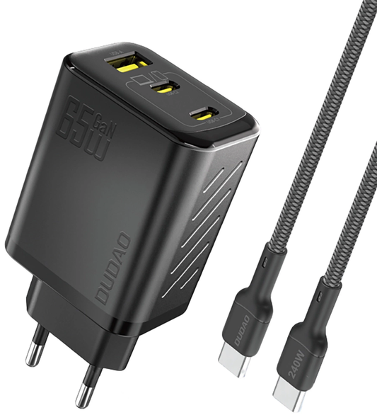 Мрежово зарядно с USB-C кабел Dudao A29C, 65W, 3.25A, 1 x USB-A - 2 x USB-C, Черно