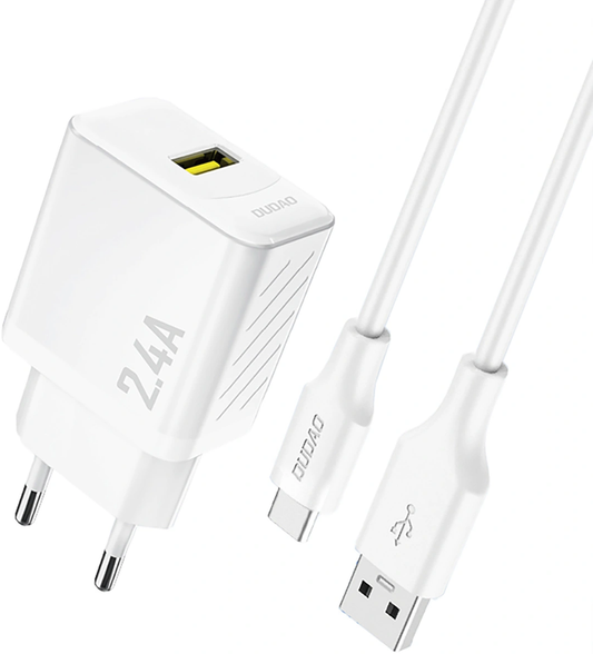 Зарядно устройство с мрежов кабел USB-C Dudao A23TEU, 12W, 2.4A, 1 x USB-A, бяло