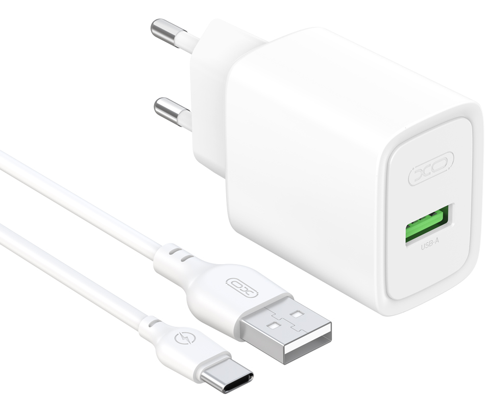 Мрежово зарядно устройство с USB-C кабел XO Design CE50, 18 W, 3 A, 1 x USB-A, бяло