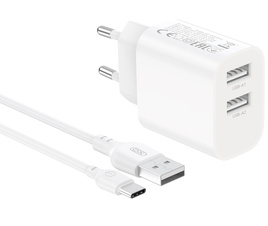 XO Design CE55 Mains Charger with USB-C Cable, 12W, 2.4A, 2 x USB-A, White
