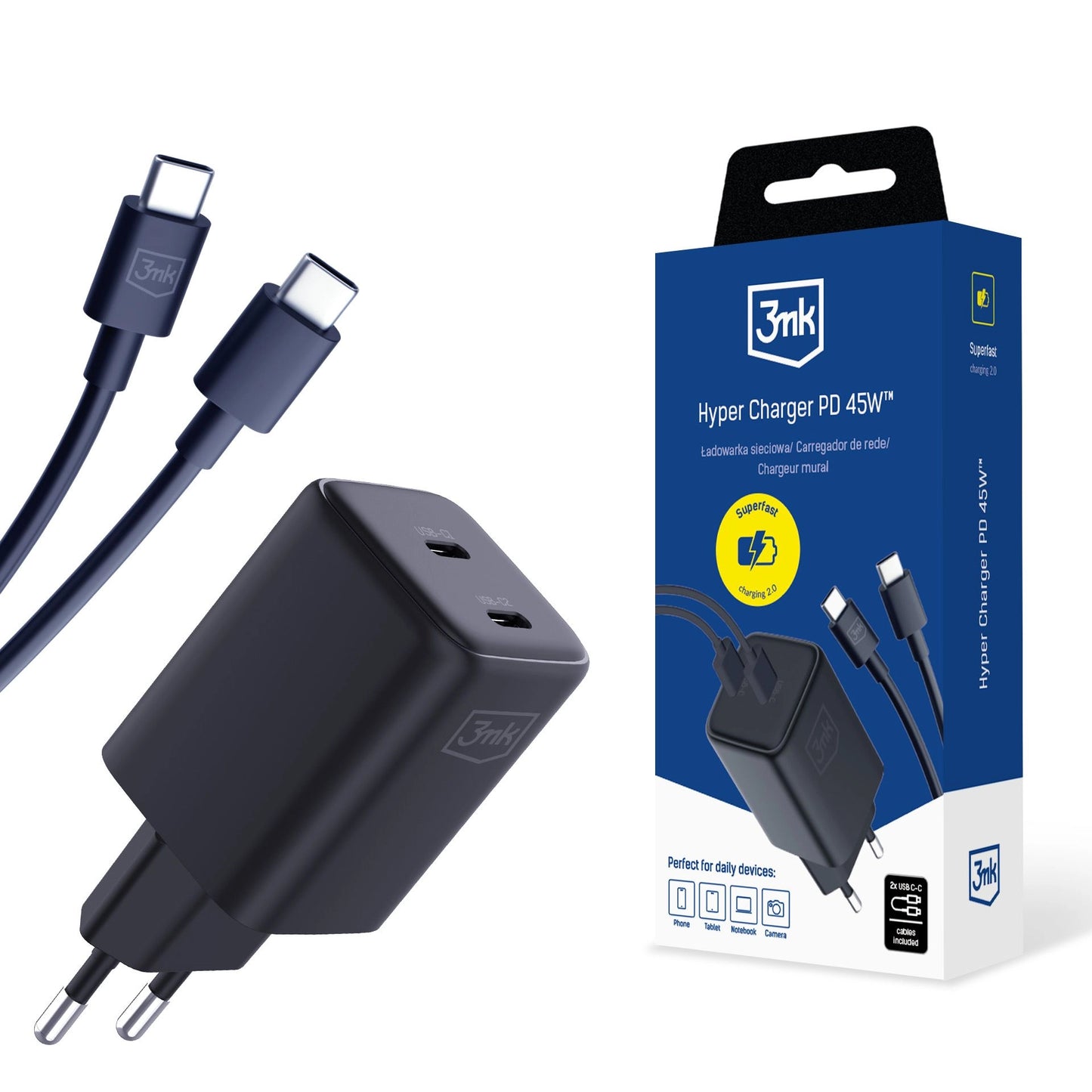 Мрежово зарядно устройство 3MK HyperCharger с USB-C кабел, 45W, 3A, 2 x USB-C, черно 