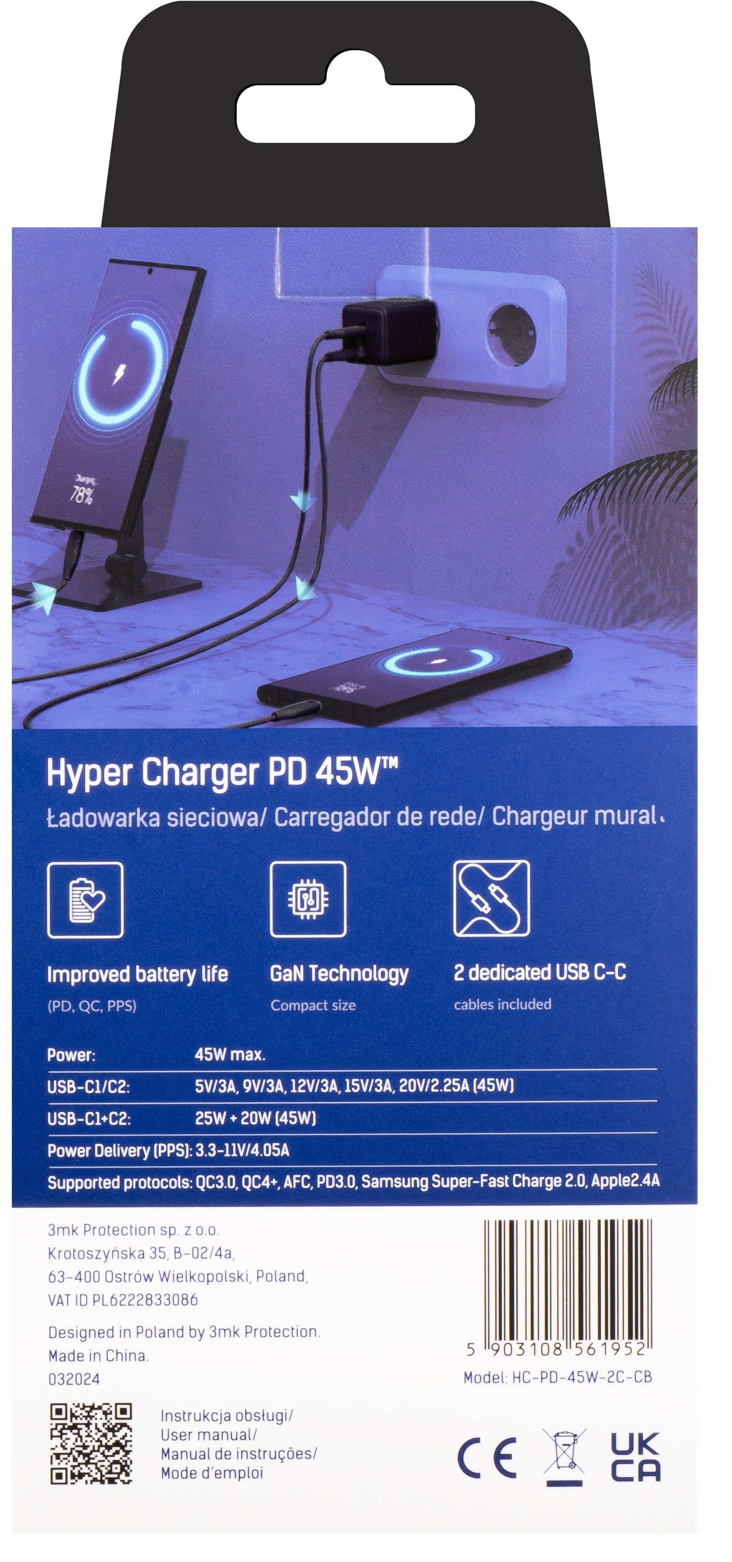 Мрежово зарядно устройство 3MK HyperCharger с USB-C кабел, 45W, 3A, 2 x USB-C, черно 