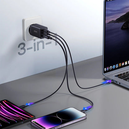 Joyroom TCG01 USB-C Network Charger with Cable, 65W, 3.25A, 1 x USB-A - 2 x USB-C, Black
