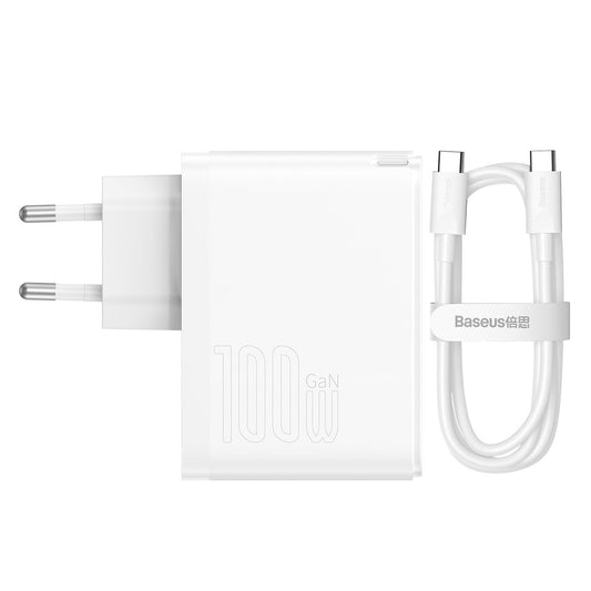 Мрежово зарядно устройство с USB-C кабел Baseus GaN5 Pro, 100W, 3A, 1 x USB-A - 1 x USB-C, Бяло CCGP090202