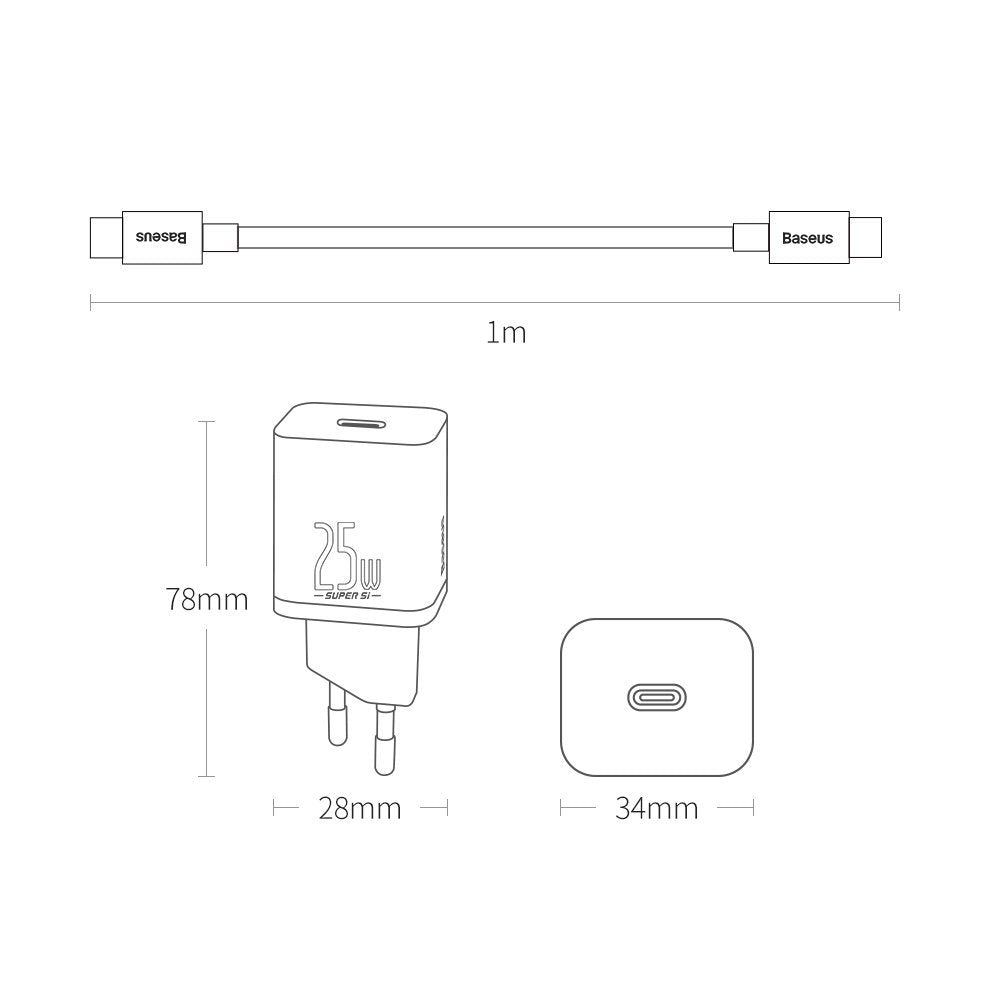 Мрежово зарядно устройство Baseus Super Si USB-C с USB-C кабел, 25W, 3A, 1 x USB-C, черно TZCCCSUP-L01 