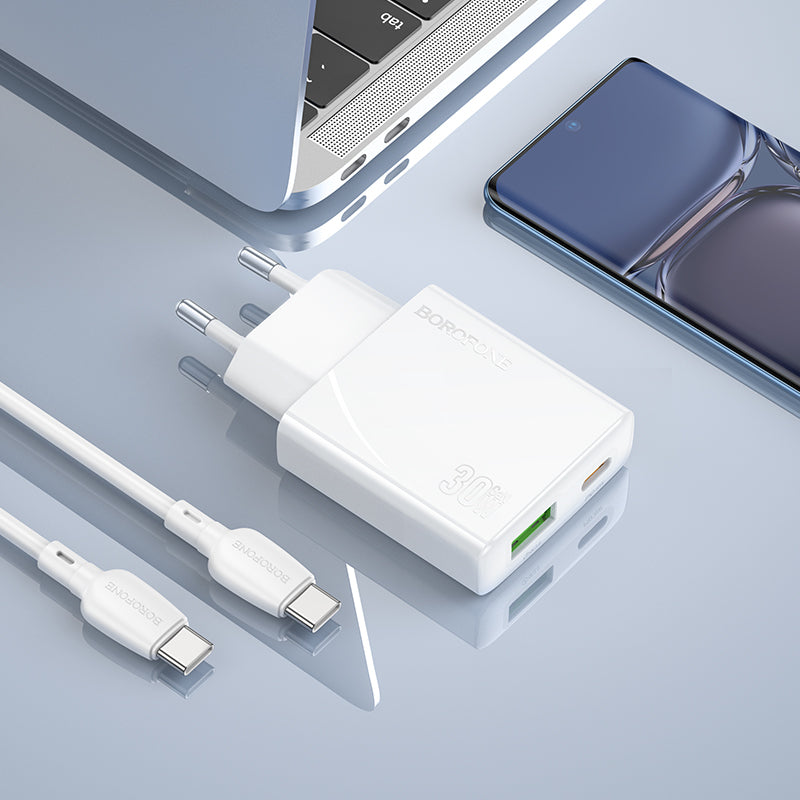 Мрежово зарядно устройство с USB-C кабел Borofone BN25 Wish, 30W, 3A, 1 x USB-A - 1 x USB-C, бяло 