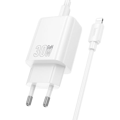 Зарядно за мрежа с кабел Lightning HOCO N62, 30W, 3A, 1 x USB-C, Бяло