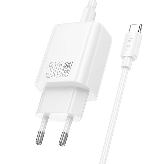 Мрежово зарядно устройство с USB-C кабел HOCO N62, 30W, 3A, 1 x USB-C, Бяло