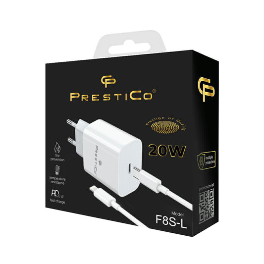 Мрежово зарядно устройство с кабел Lightning Prestico F8S, 20W, 3A, 1 x USB-C, Бяло