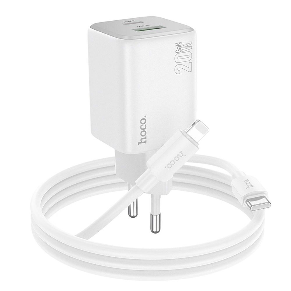 Зарядно за мрежа с кабел Lightning HOCO N41, 20W, 3A, 1 x USB-A - 1 x USB-C, Бяло